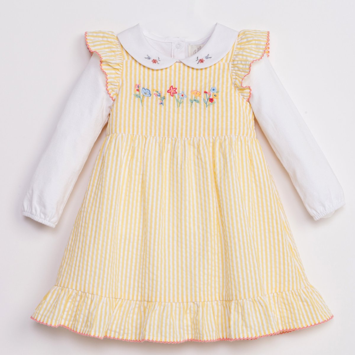 画像1: 琥珀の刺繍・イエローストライプ・ドレス_1〜2歳用(身長 85-92cm) (1)