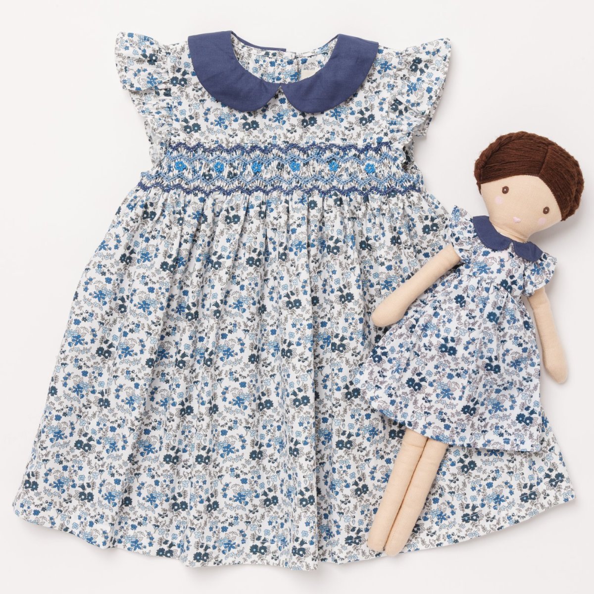 画像3: 【ドール用】ブルーフローラルプリント・ハンドスモック・ドールドレス (3)