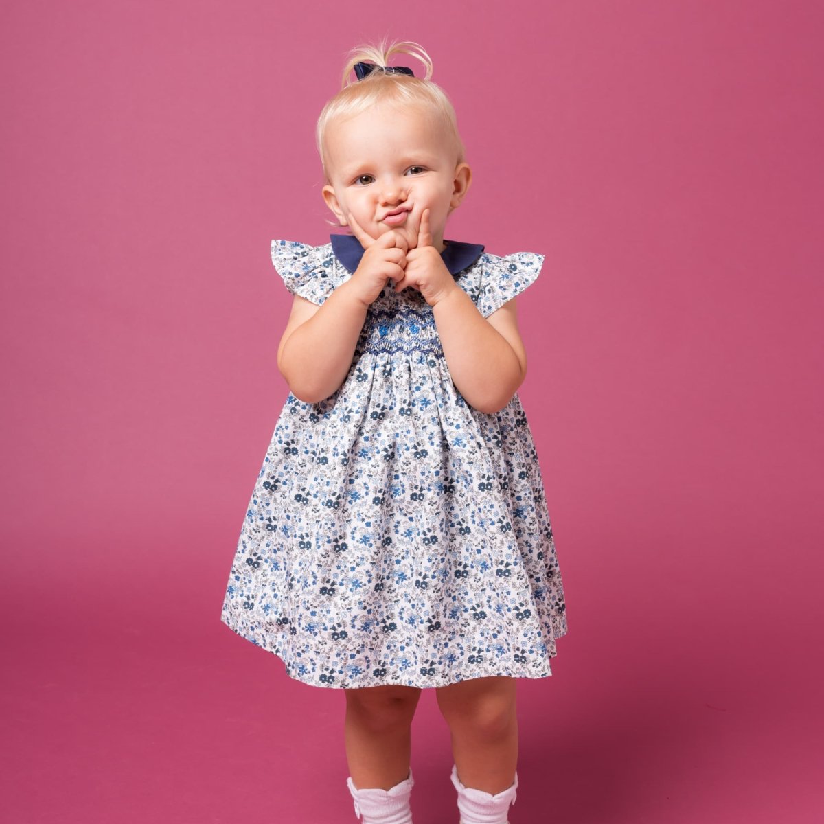 画像5: ブルーフローラルプリント・ハンドスモック・ドレス_3〜4歳(身長 98-103cm) (5)