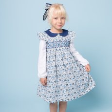 画像1: ブルーフローラルプリント・ハンドスモック・ドレス_2〜3歳(身長 92-98cm) (1)