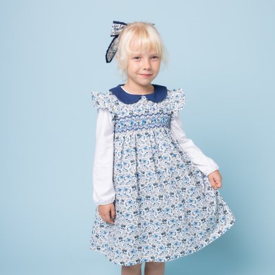 画像1: ブルーフローラルプリント・ハンドスモック・ドレス_1_2歳(身長 85-92cm)