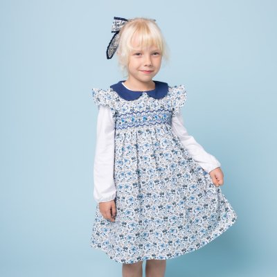 画像1: ブルーフローラルプリント・ハンドスモック・ドレス_3_4歳(身長 98-103cm)