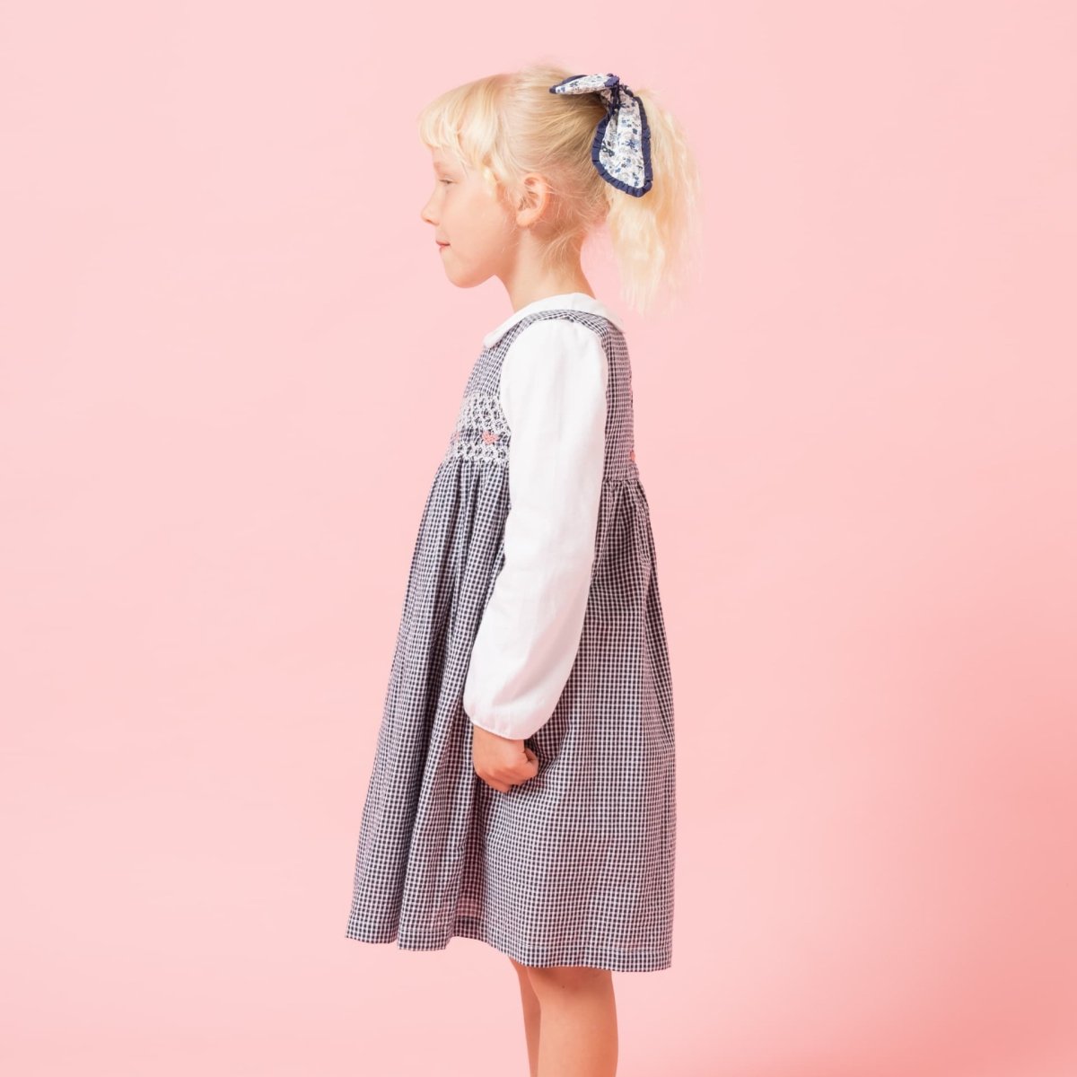 画像2: ダークブルー・ギンガムチェック・ハンドスモック・ドレス_3_4歳(身長 98-103cm) (2)
