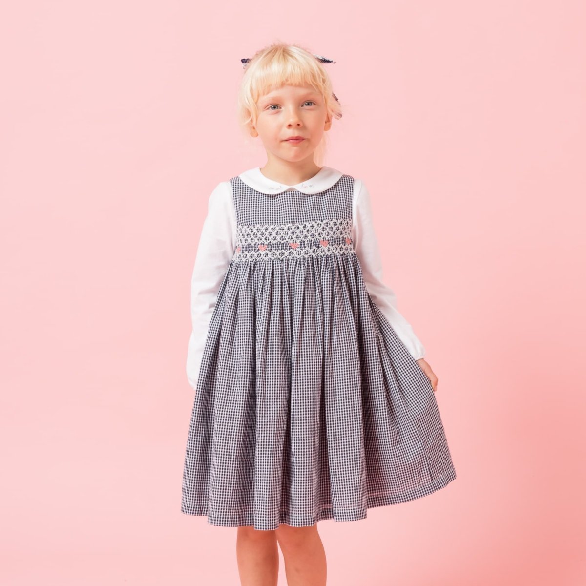 画像1: ダークブルー・ギンガムチェック・ハンドスモック・ドレス_2_3歳(身長 92-98cm) (1)