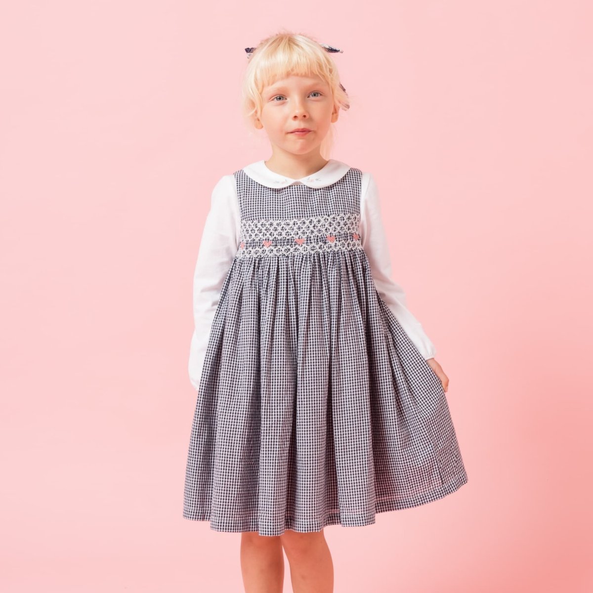 画像1: ダークブルー・ギンガムチェック・ハンドスモック・ドレス_5_6歳(身長 108-114cm) (1)