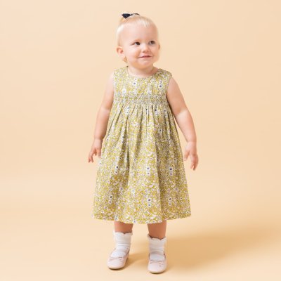 画像1: イエローフローラルプリント・ハンドスモック・ドレス_3_4歳(身長 98-103cm)