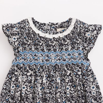 画像1: ダークブルーフラワー・ハンドスモック・ドレス_5_6歳(身長 108-114cm)