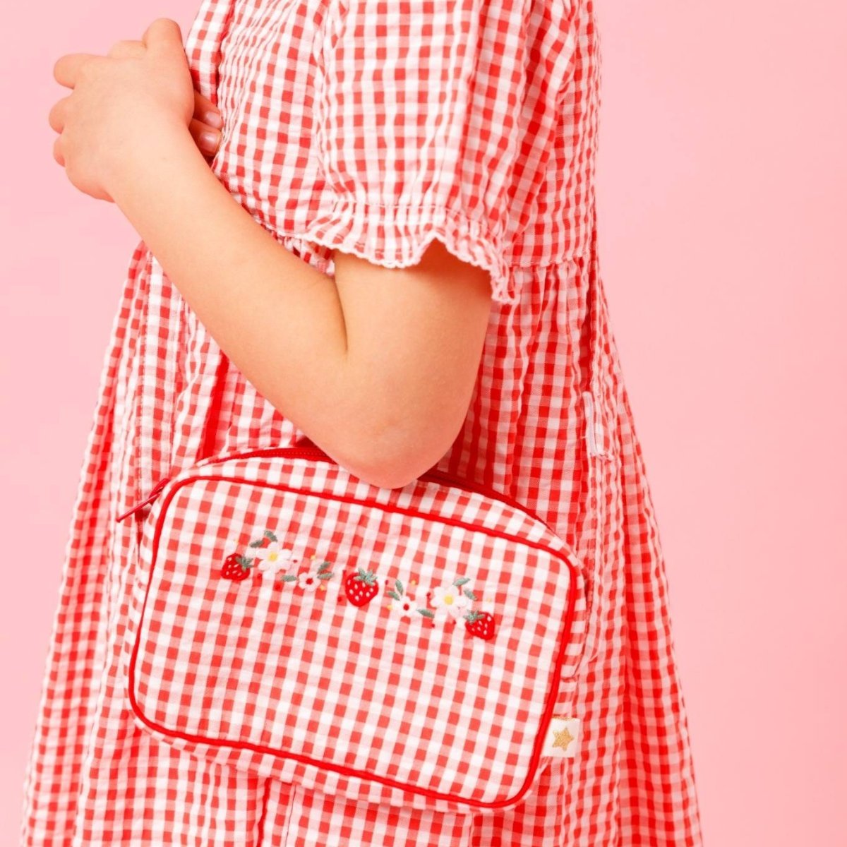 画像2: ストロベリー刺繍・レッドギンガム・クロスバッグ (2)