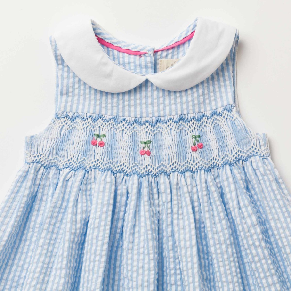 画像12: チェリー刺繍・ブルーシアサッカー・ハンドスモッキング・ワンピース_1〜2歳(85-92cm) (12)