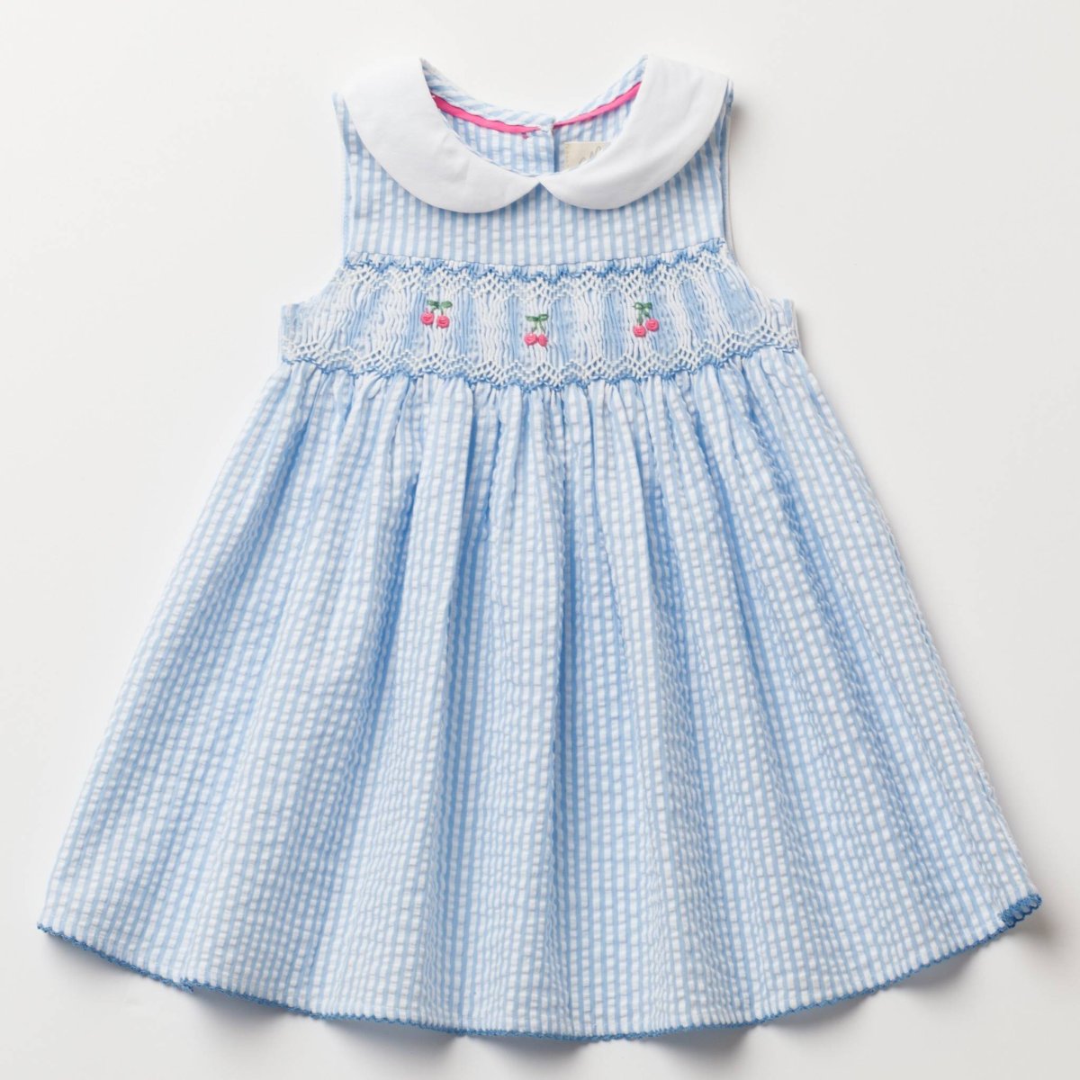 画像10: チェリー刺繍・ブルーシアサッカー・ハンドスモッキング・ワンピース_1〜2歳(85-92cm) (10)