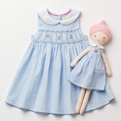 画像2: チェリー刺繍・ブルーシアサッカー・ハンドスモッキング・ワンピース_1〜2歳(85-92cm)