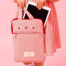 画像1: ストロベリー刺繍・レッドギンガム・ノートパソコンバッグ (1)