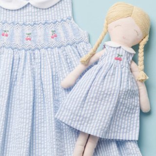 ドール用】チェリー刺繍・ブルーシアサッカー・ドールドレス｜ベビー服