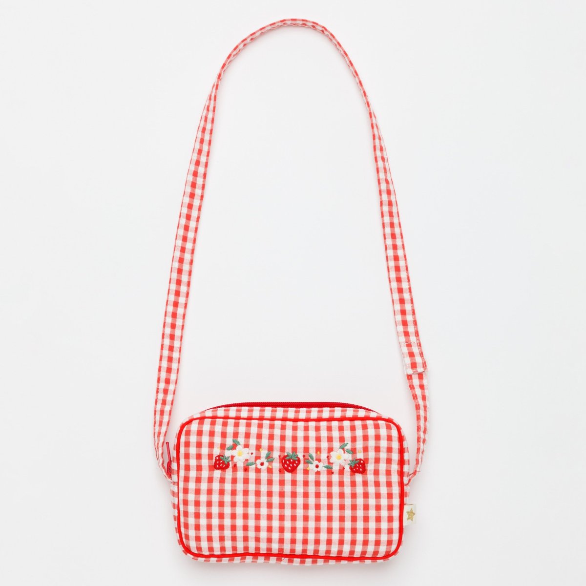 画像6: ストロベリー刺繍・レッドギンガム・クロスバッグ (6)