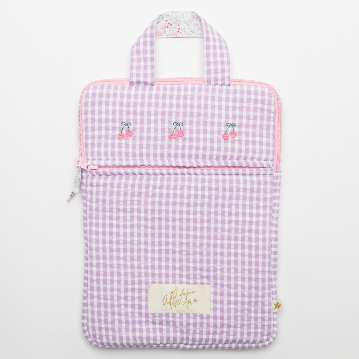 画像3: チェリー刺繍・ラベンダーギンガム・ノートパソコンバッグ (3)