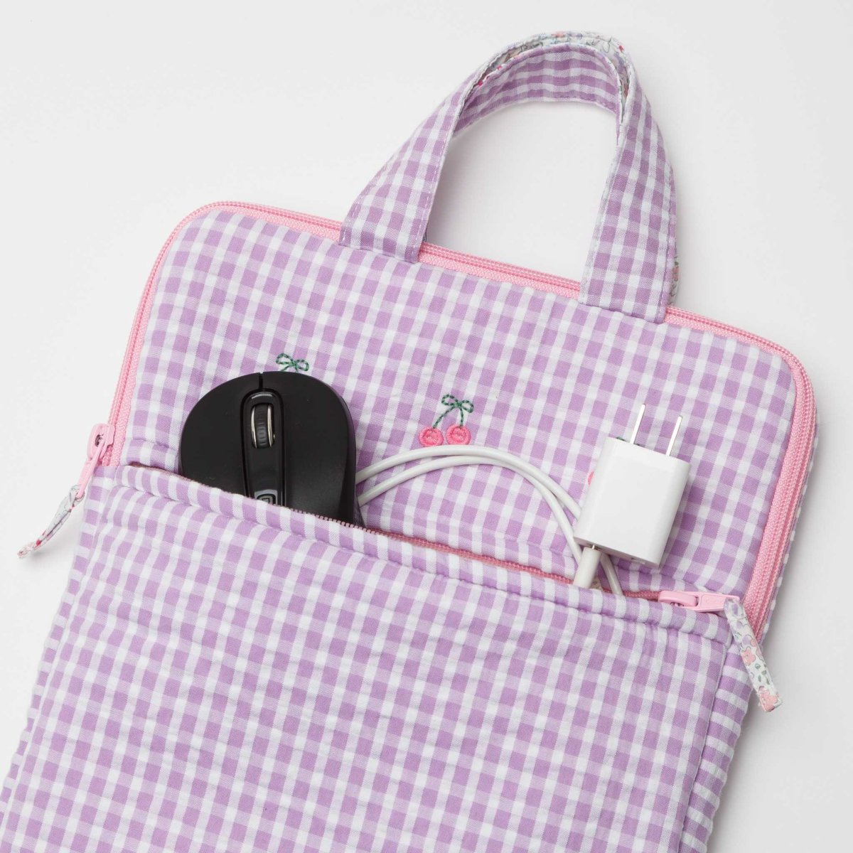 画像5: チェリー刺繍・ラベンダーギンガム・ノートパソコンバッグ (5)