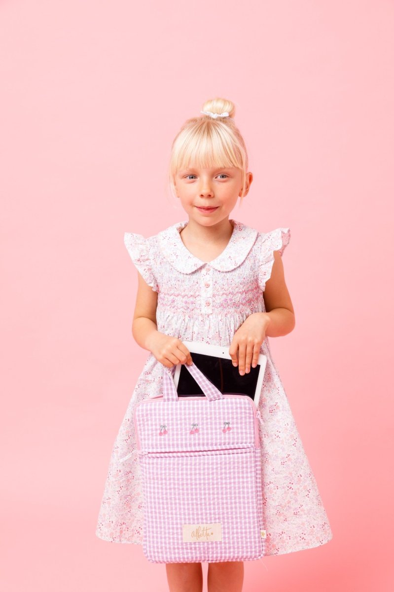 画像2: チェリー刺繍・ラベンダーギンガム・ノートパソコンバッグ (2)