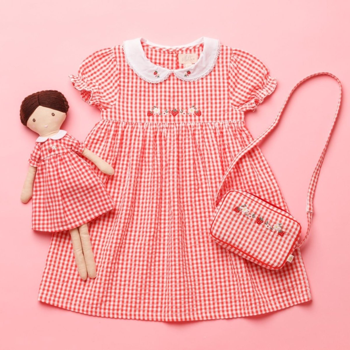 画像9: ストロベリー刺繍・レッドギンガム・ノートパソコンバッグ (9)