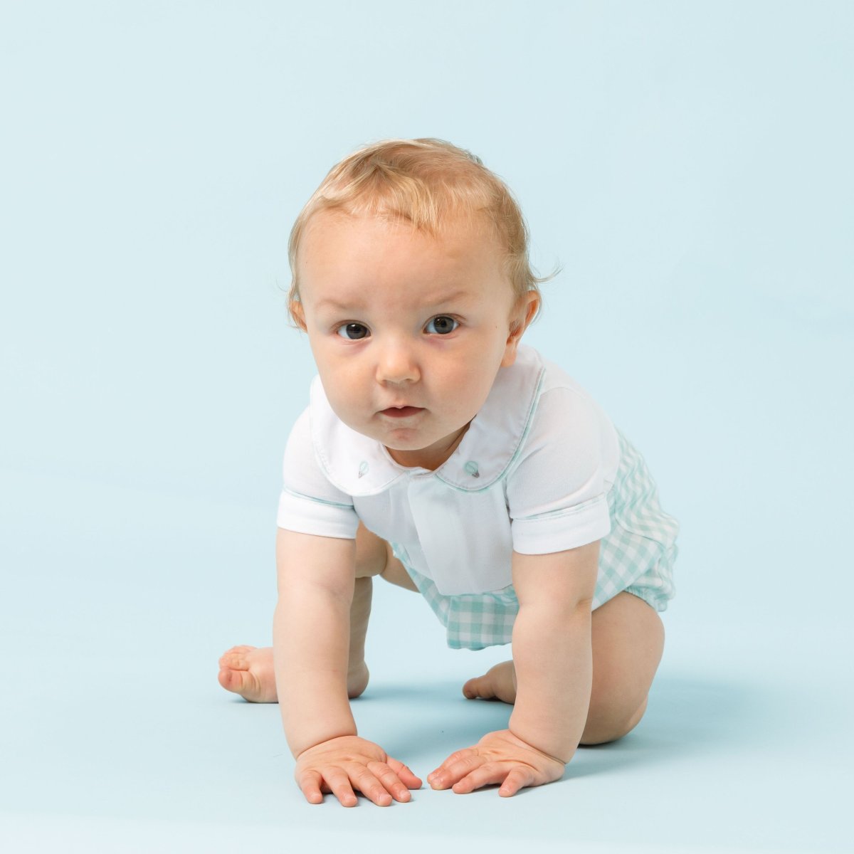 画像2: 気球刺繍・グリーンギンガム・ロンパース_70cm (2)