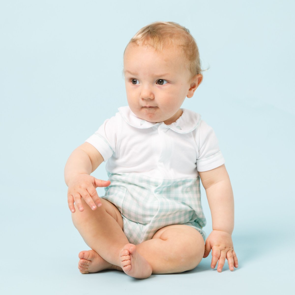 画像1: 気球刺繍・グリーンギンガム・ロンパース_70cm (1)