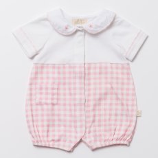 画像1: デイジー襟刺繍・ピンクギンガムロンパース_70cm (1)