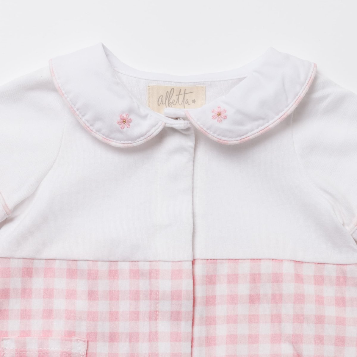 画像2: デイジー襟刺繍・ピンクギンガムロンパース_70cm (2)