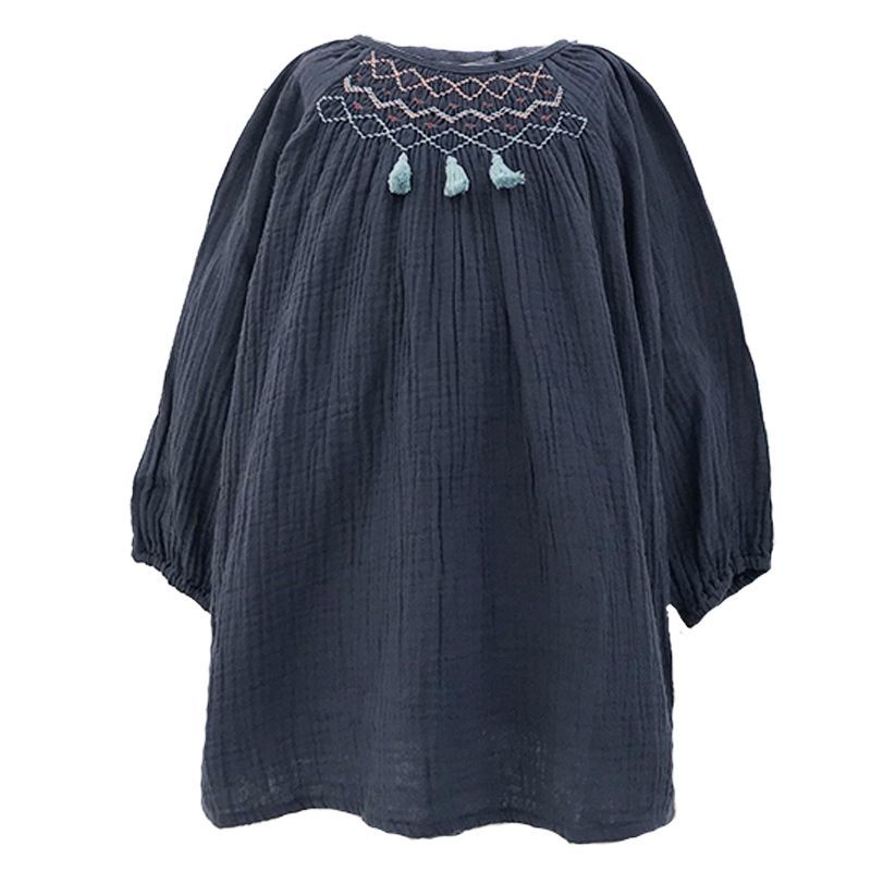 ネイビーモスリンのスモッキングドレス - Albetta ネイビーモスリンのスモッキングドレス - Albetta